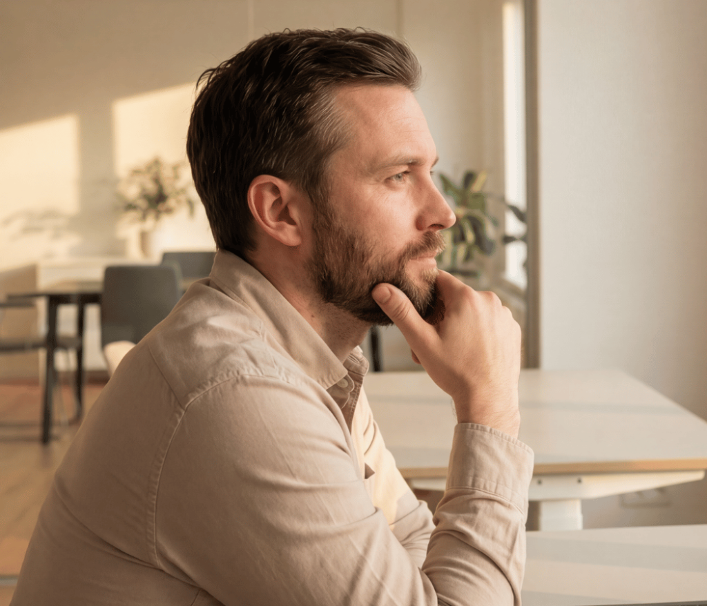 man looking out the window hand on chin